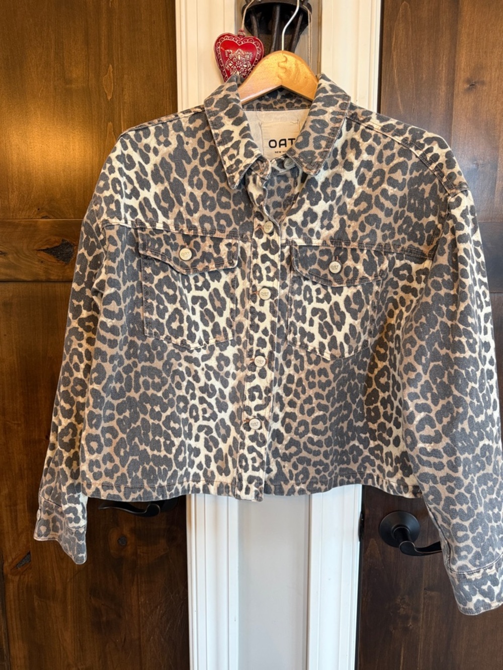NWOT OAT Leopard Print Denim Jacket - Taupe & Charcoal